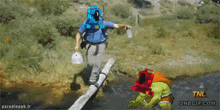 a cartoon of a man walking across a bridge with a tnl watermark