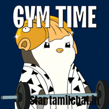 a cartoon of a penguin lifting a barbell with the words gym time on the bottom