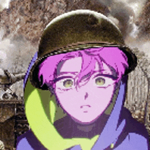 a girl with pink hair and a helmet on her head