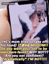 a person is holding a cell phone with a picture of a person taking a selfie .