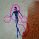 a drawing of a person with a purple head and blue arms