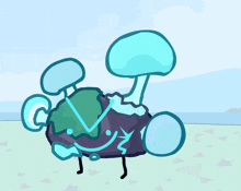 a cartoon drawing of a mushroom and a rock with a blue background