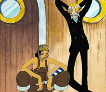 a man in overalls sits next to a man in a suit with his hands behind his head