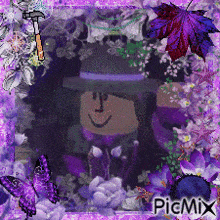 a picture of a man in a hat with purple flowers and butterflies and the words picmix on the bottom