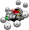 a pixel art drawing of a robot with a red eggman inside of it surrounded by balls .