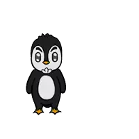 a cartoon penguin is standing on a white background and looking at something .