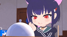 a cartoon girl with a cat ear and red eyes