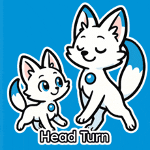 a blue background with two white cartoon animals and the words head turn below them