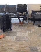 a person is sitting in a chair in a waiting room with a suitcase on the floor