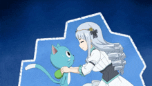 a girl in a white dress petting a cat on a blue background