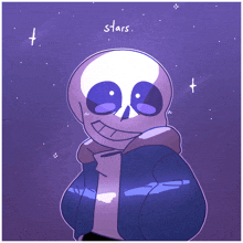 a drawing of a skeleton in a blue jacket with the words stars below him