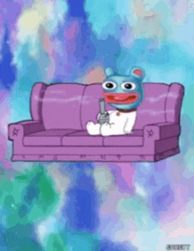 a cartoon character is sitting on a purple couch holding a game controller