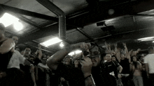 a man stands in front of a crowd holding a microphone with a crowd behind him with their hands in the air