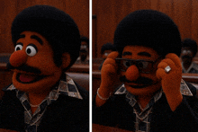 two pictures of a muppet wearing glasses and a ring