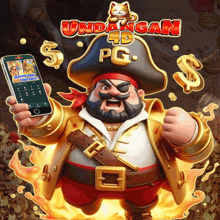 a cartoon of a pirate holding a cell phone with the words undangan 4d pg on the bottom