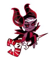 a cartoon character with horns is riding a broom .