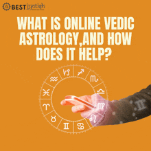 a poster that says what is online vedic astrology and how does it help with a person holding a cell phone