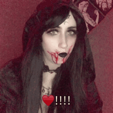 a woman with blood coming out of her mouth and a heart in the lower right corner