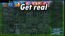 a cartoon character holding a microphone in front of a sign that says " get real "