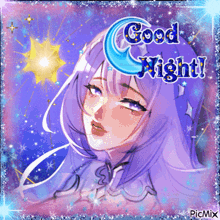 a picture of a girl with purple hair and the words good night on it