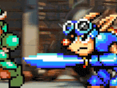 a pixel art drawing of a man holding a sword and wearing goggles