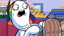 a cartoon character is holding a shopping cart in front of a sign that says veggie