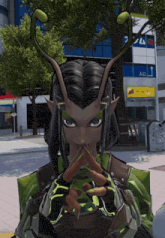 a cartoon character is standing in front of a building with a yellow sign that says ' entrance '