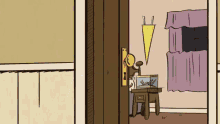 a cartoon drawing of a room with a door open