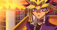 a close up of a cartoon character with a purple jacket and a chain around his neck