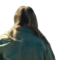 a woman with long hair is wearing a green jacket