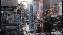 a painting of a city street with the words made in animotica below it