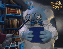 a cartoon character from the treache people holding a blue book