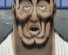 a close up of a man 's face with a beard and white eyes