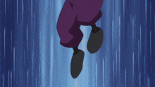 a cartoon character in a purple jumpsuit is running