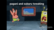 patrick star and spongebob squarepants are standing next to each other in front of a window in a room .