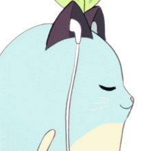 a cartoon cat wearing ear buds with a green leaf on its head