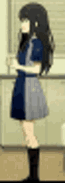 a girl in a blue dress and gray skirt is standing in a kitchen holding a cup of coffee .