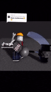a video of a roblox character holding an umbrella and a sign that says ' make builderman '