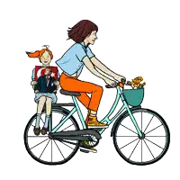 a cartoon of a woman riding a bike with a little girl on the back