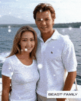 a man and a woman standing next to each other with a beast family logo in the corner