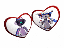 two hearts with a picture of a robot and a teddy bear