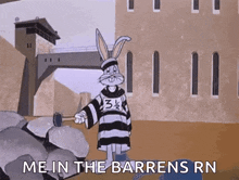 bugs bunny is standing in front of a building in a prison uniform .