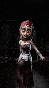 a cartoon character is standing in a dark room with a red headband