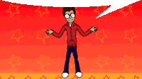 a cartoon character is standing in front of a red and yellow background with stars