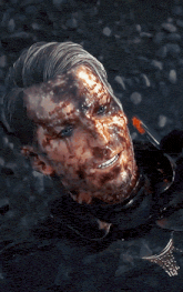 a man with blood on his face is smiling with a knife in his hand