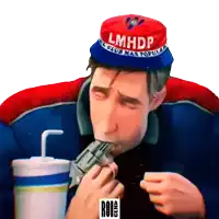 a man wearing a red and blue hat that says lmhdp