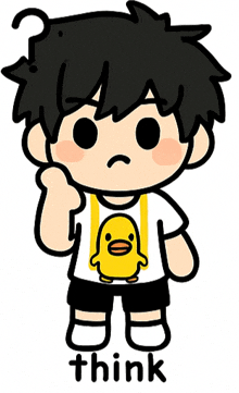 a cartoon of a boy with a duck on his shirt and the word think below him