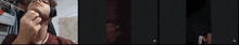 a man wearing headphones looks at another man 's mouth