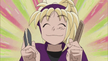 a cartoon character holds a pair of scissors and a comb in his hands