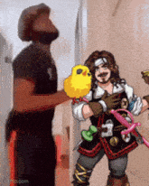 a cartoon of a man holding a yellow chicken and a sword